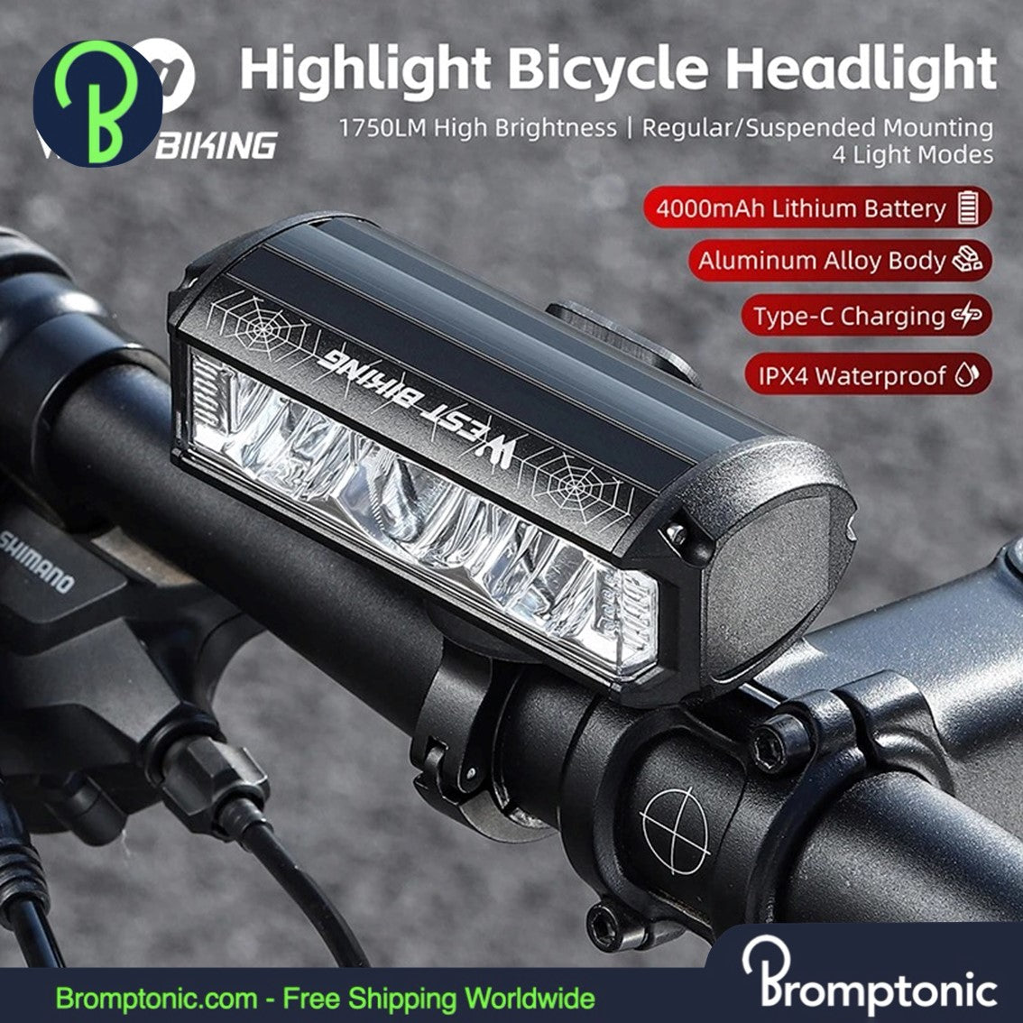 Brompton 1750 Lumens 3-LED Bike Light – Wide-Angle Handlebar Front Light